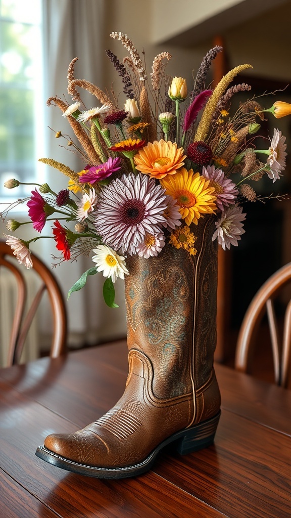 25+ Creative Cowboy Boot Centerpieces for Your Next Event 21 A cowboy boot filled with colorful dried flowers, serving as a unique centerpiece on a wooden table.