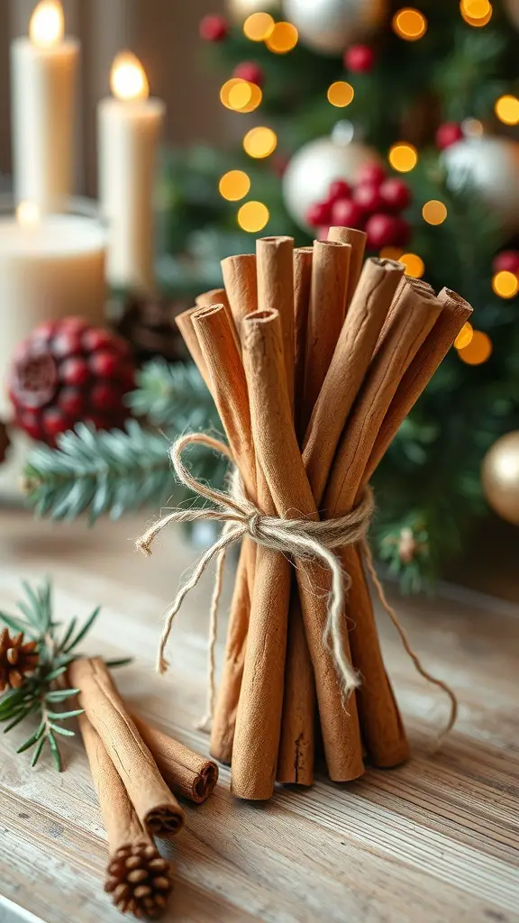 31+ Creative DIY Christmas Decorations You Can Make at Home 12 A bundle of cinnamon sticks tied with twine, surrounded by holiday decor.