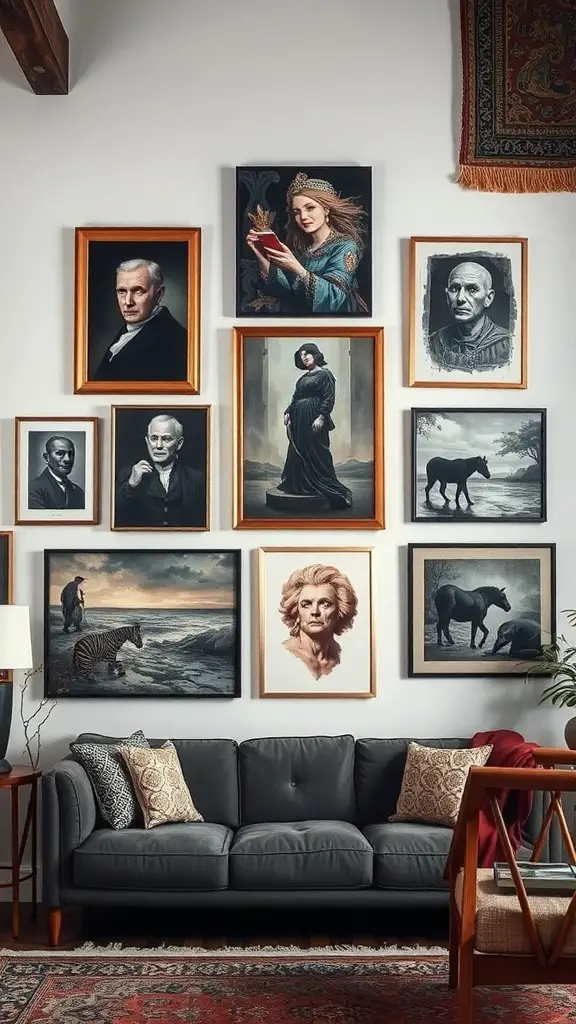 A dark cottagecore living room featuring a gallery wall with various framed portraits and landscapes.