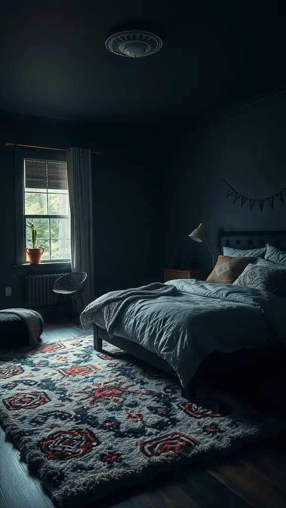 A dark boho bedroom featuring a textured rug, cozy bedding, and a stylish chair.