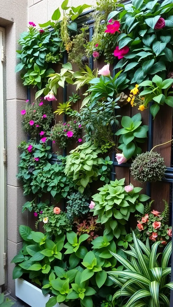 27+ Creative Long Narrow Backyard Ideas for Your Outdoor Space 7 A vertical garden wall with various plants and flowers climbing up a brick wall.