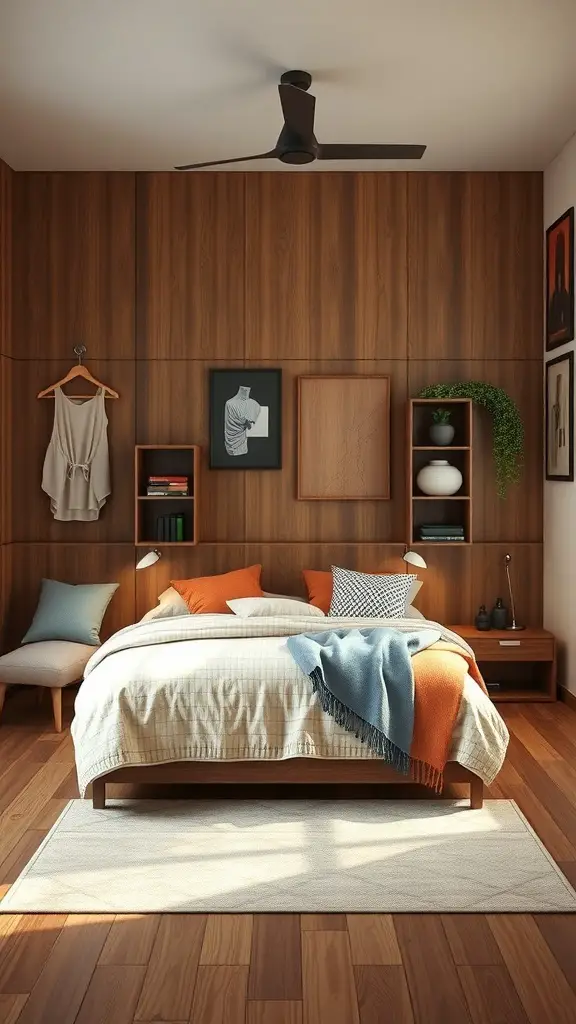 A cozy brown-themed bedroom with wooden walls, a neatly made bed, and stylish decor.