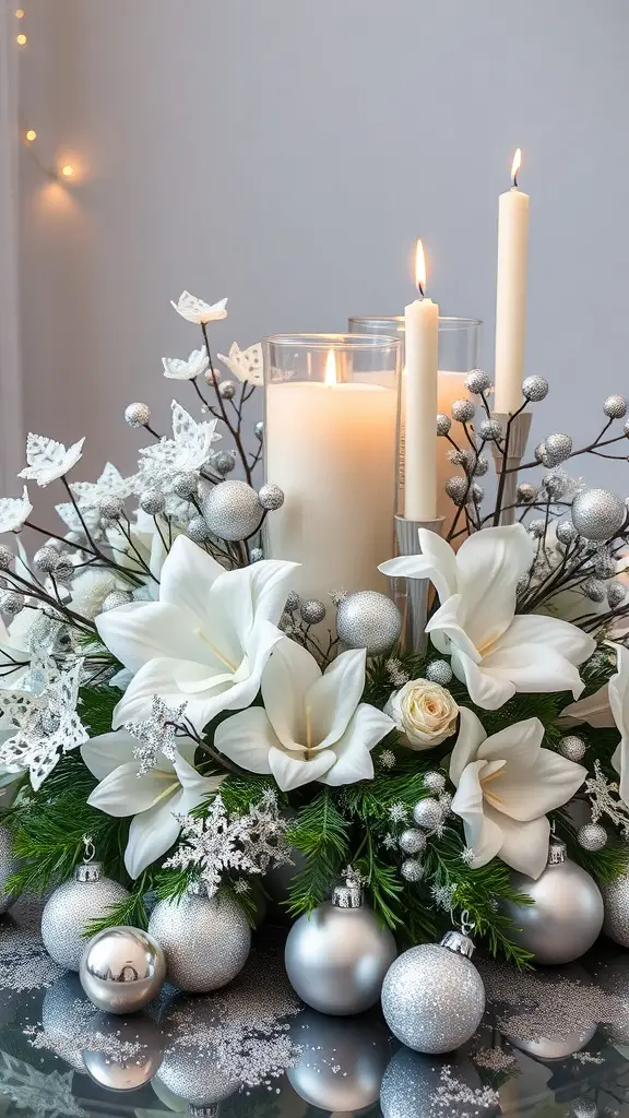 31+ Creative Christmas Centerpieces for Your Holiday Table 13 A beautiful silver and white Christmas centerpiece featuring white lilies, candles, and silver ornaments.