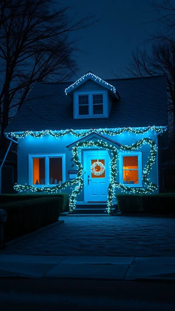 37+ Stunning Blue Christmas Decor Ideas for a Festive Winter Wonderland 19 A house decorated with aqua blue Christmas lights, glowing warmly against the night sky.