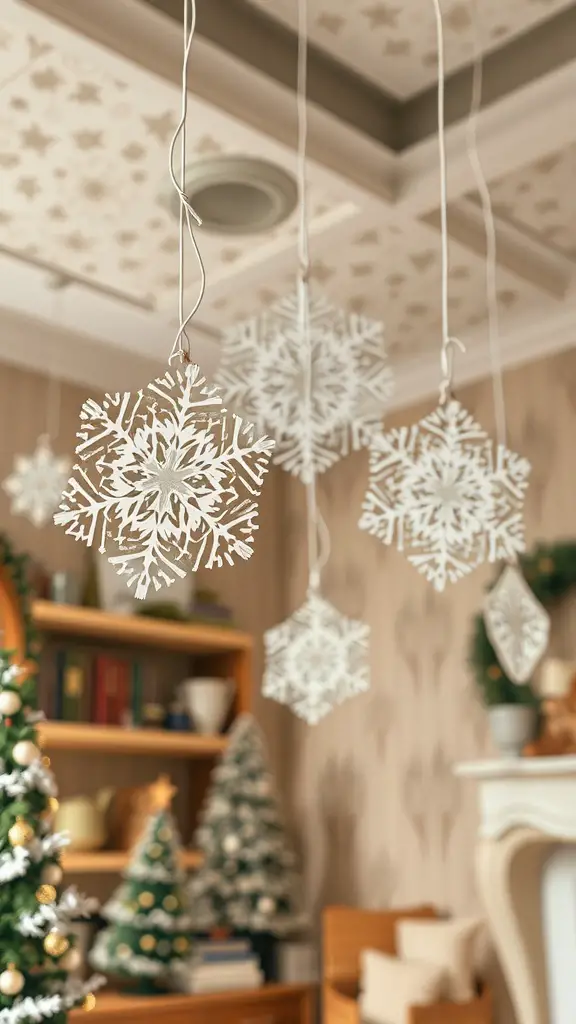 31+ Creative DIY Christmas Decorations You Can Make at Home 9 Hanging paper snowflakes in a cozy holiday setting