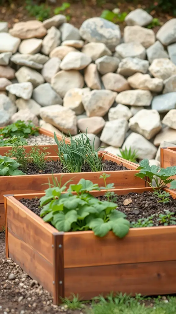 Wooden raised garden beds filled with various plants, set against a stone wall.