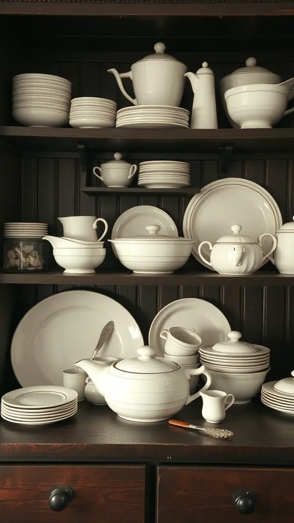 29+ Essential Items for a Cozy Dark Cottagecore Kitchen 7 A collection of vintage white tableware displayed on wooden shelves.
