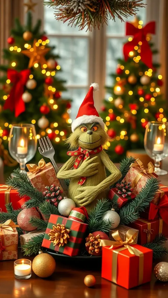 19+ Adorable Grinch Baby Shower Ideas You’ll Love 6 A Grinch figure in a Santa hat surrounded by colorful gifts and festive decorations.