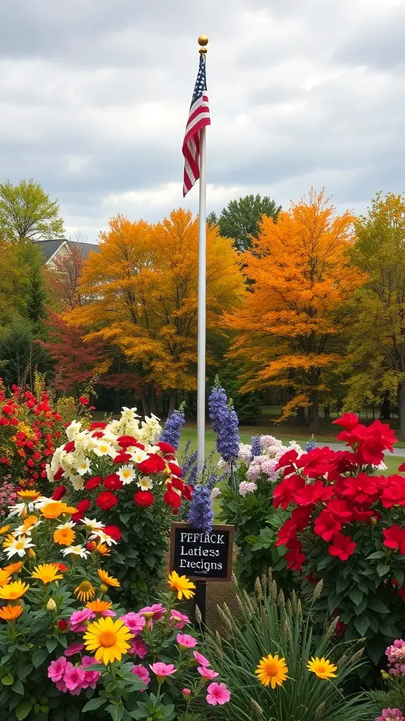 A flag pole surrounded by colorful flowers and autumn trees.