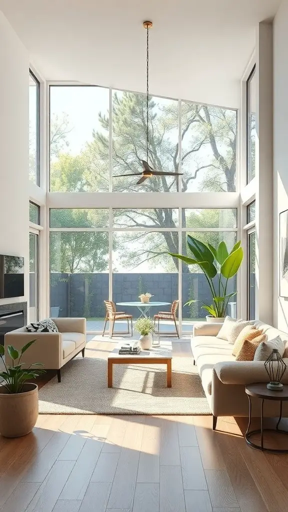 Bright living room with large windows and plants, showcasing an outdoor-inspired design.