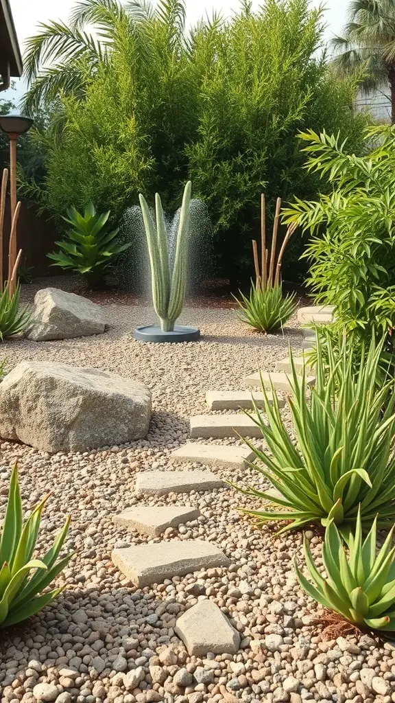 A zeroscaping backyard featuring succulents, a stone pathway, and a central fountain.
