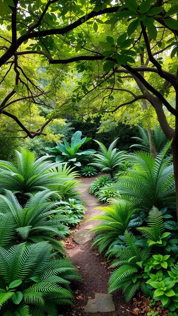 A serene shade garden featuring a winding path surrounded by lush ferns and greenery.