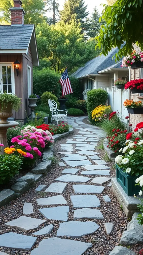 A quaint stone pathway lined with colorful flowers leading through a cottage garden.