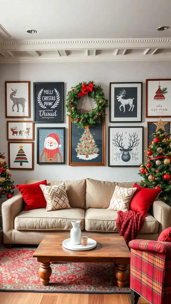 A cozy Christmas living room with festive art on the walls, a wreath, and comfortable furniture.