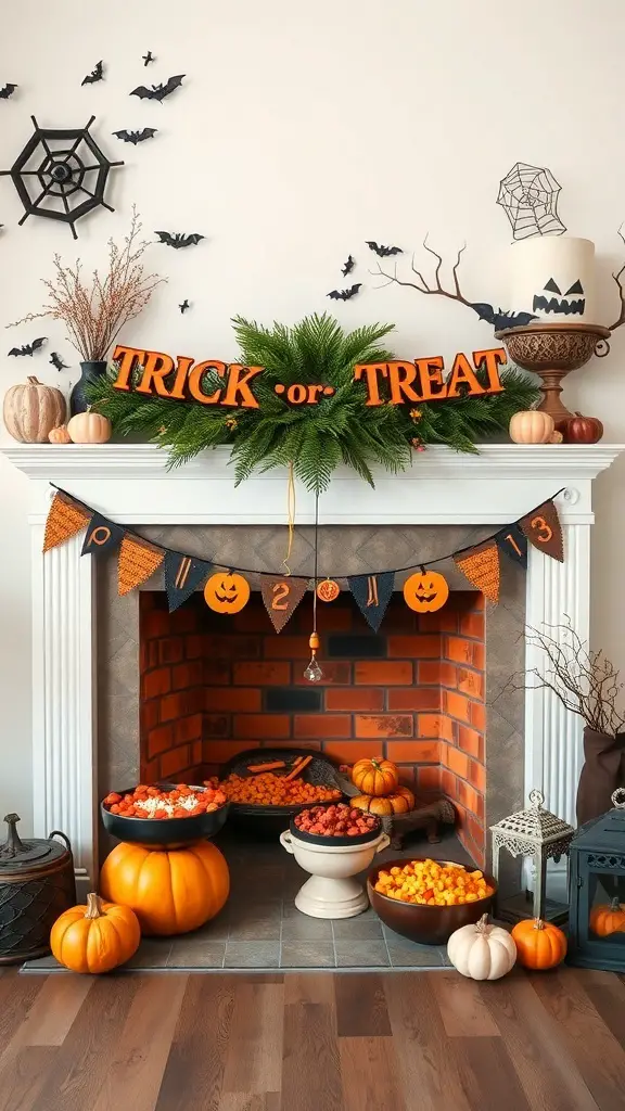 27+ Spooktacular Halloween Fireplace Decor Ideas You Need to Try 16 A Halloween fireplace decorated with a 'TRICK-or-TREAT' sign, pumpkins, and bowls of colorful treats.