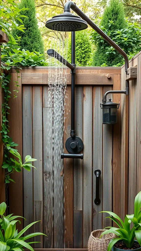 Outdoor shower with vintage metal fixtures surrounded by greenery