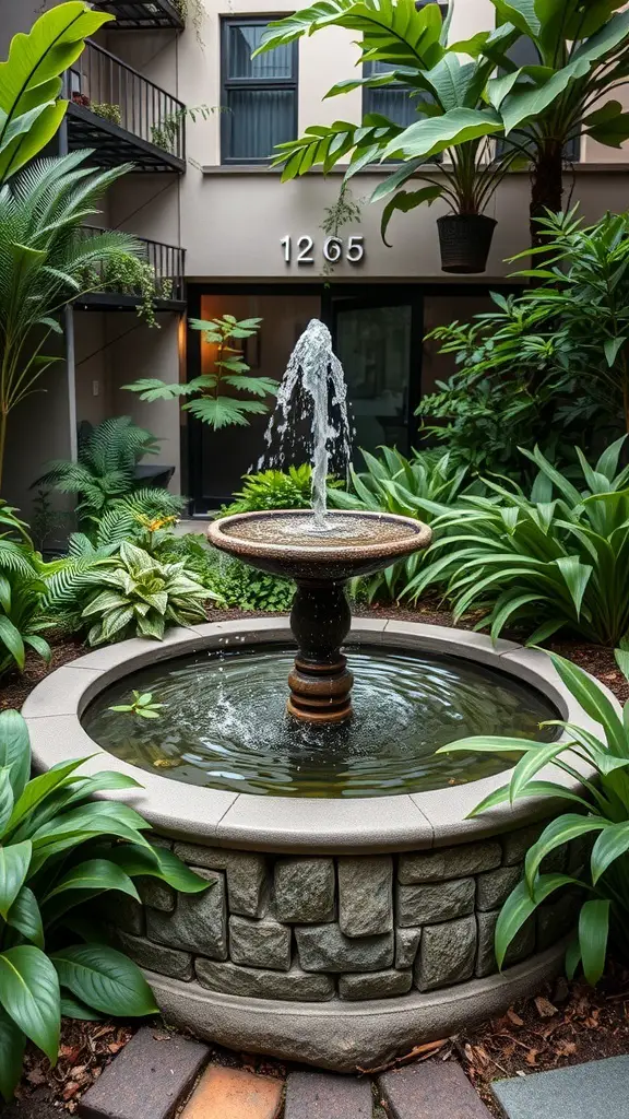29+ Inspiring Small Urban Garden Design Ideas You’ll Love 9 A small urban garden featuring a stone fountain surrounded by lush green plants.