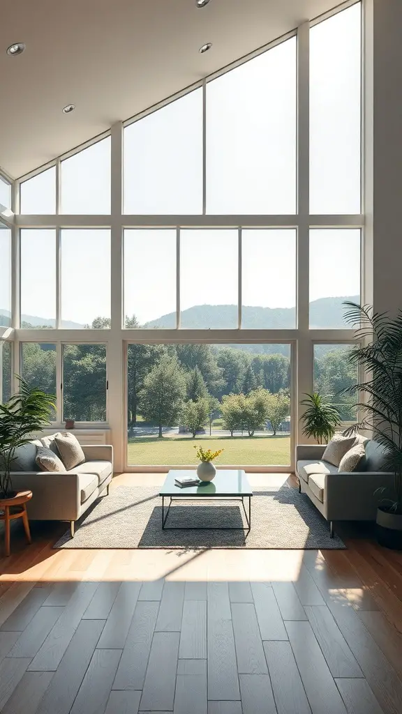 A bright living room with large windows showcasing outdoor views and natural light.