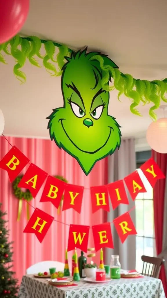 19+ Adorable Grinch Baby Shower Ideas You’ll Love 11 A colorful banner reading 'BABY ARWA' with Grinch-themed decorations.
