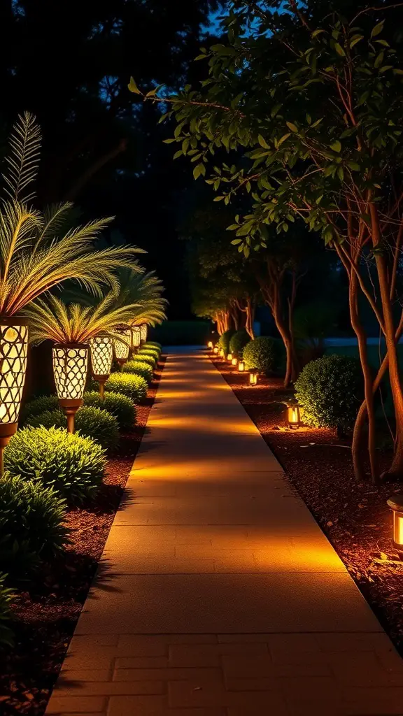 25+ Stunning Sidewalk Landscaping Ideas to Elevate Your Curb Appeal 14 A beautifully lit sidewalk with lanterns and greenery on either side.