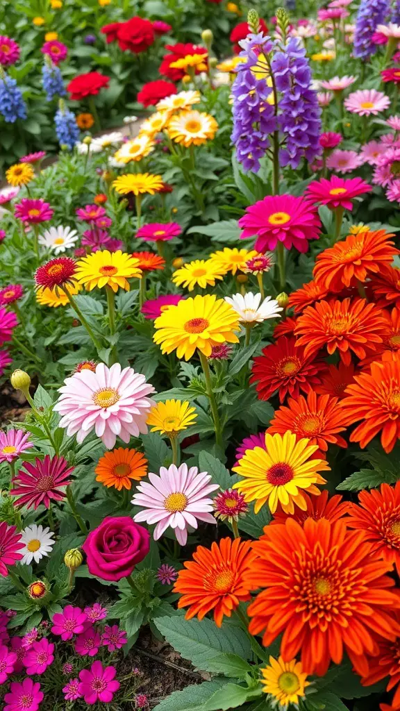 27+ Stunning English Garden Landscaping Ideas You’ll Love 5 A vibrant display of colorful flowers in an English garden, showcasing a mix of daisies, zinnias, and roses.