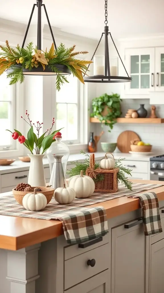 A beautifully decorated kitchen with seasonal decor including pumpkins, greenery, and plaid textiles.