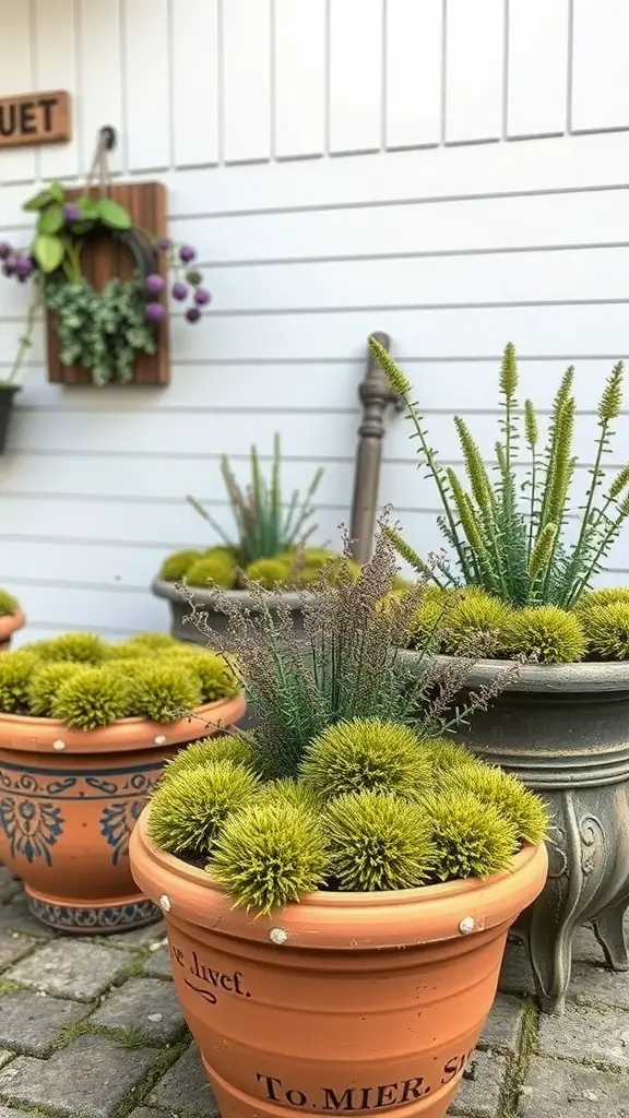 Pots filled with vibrant faux moss and greenery, showcasing rustic outdoor decor.