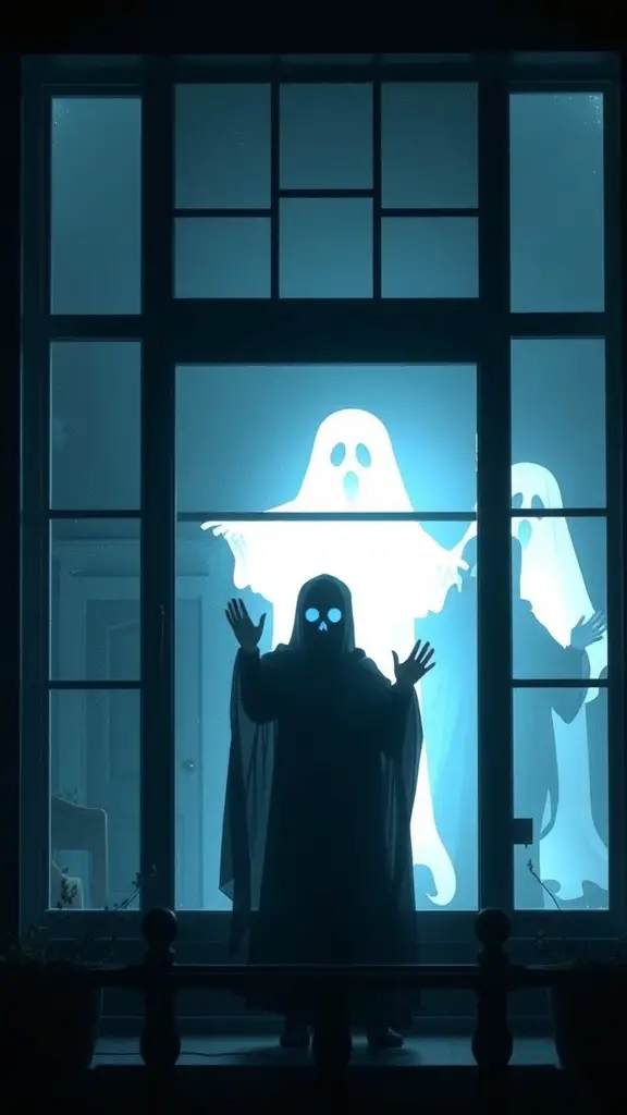 29+ Creative Halloween Porch Ideas to Spookify Your Home 10 Ghostly silhouettes in windows, creating a spooky Halloween atmosphere.