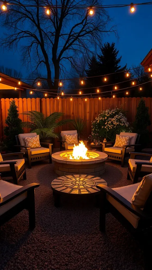Cozy fire pit area with seating and string lights