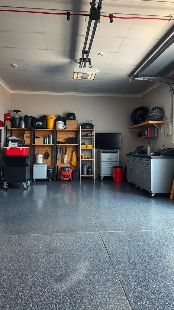 A well-organized garage featuring a durable epoxy floor, showcasing storage solutions and a clean, functional space.