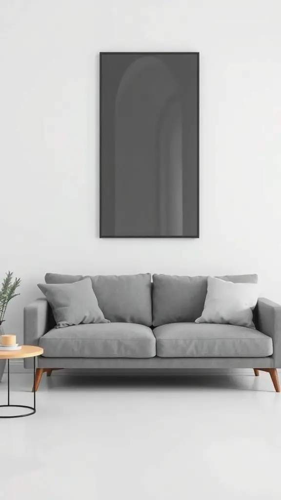 Minimalist living room featuring a grey couch with a side table and wall art.