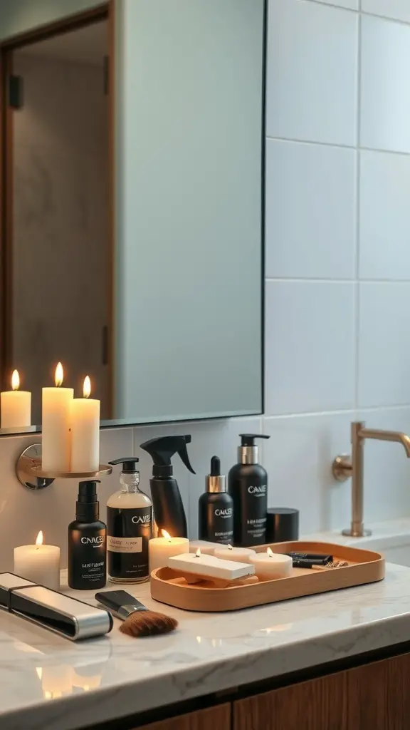 A luxury grooming kit displayed on a bathroom counter with candles and grooming products.