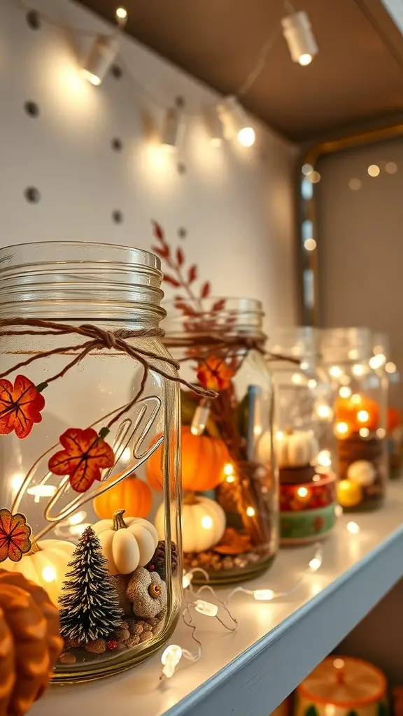Decorative mason jars filled with fall items like pumpkins, pinecones, and leaves, illuminated with fairy lights.