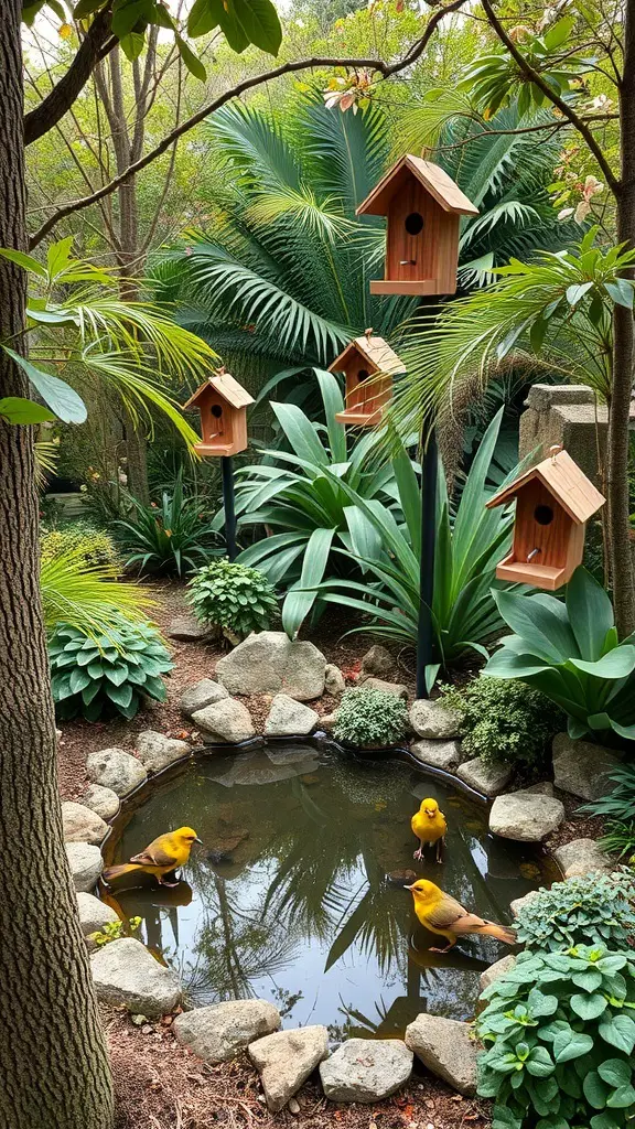 A garden featuring birdhouses, a small pond, and lush greenery.