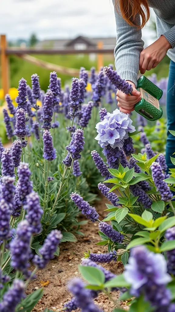 21+ Stunning Lavender and Hydrangea Landscaping Ideas to Transform Your Garden 9 A person tending to lavender and hydrangea plants in a garden