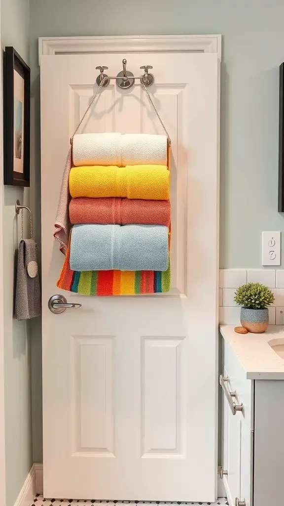 Colorful towels neatly arranged on an over-the-door towel holder in a small bathroom.