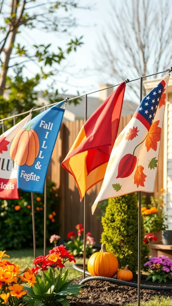 29+ Creative Fall Outdoor Decor Ideas to Transform Your Space 19 Colorful seasonal garden flags for fall decor