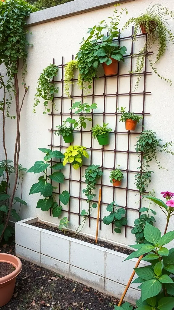 35+ Charming Small English Garden Ideas to Transform Your Outdoor Space 9 A vertical garden with a trellis and various plants in pots, showcasing a creative gardening solution for small spaces.