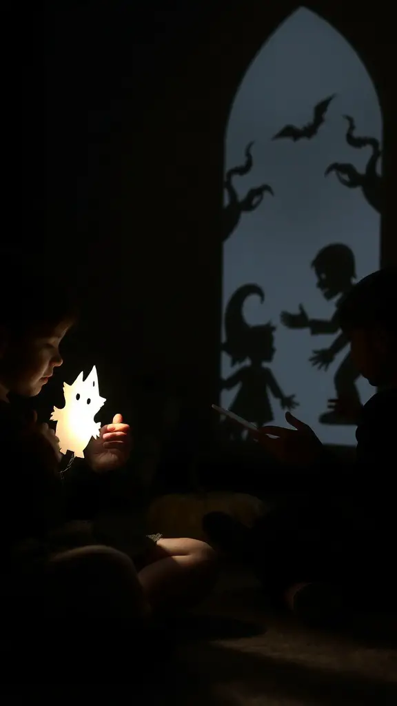 27+ Fun Halloween Crafts for Kids to Spook Up Your Season 12 Children playing with spooky shadow puppets in a dark room