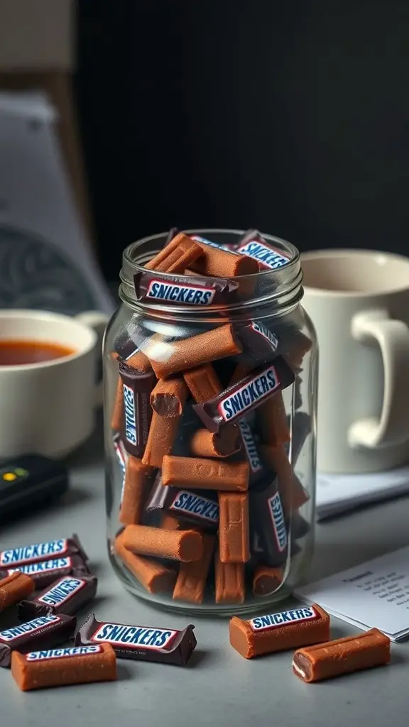 21+ Creative Office Candy Jar Ideas to Sweeten Your Workspace 14 A jar filled with miniature Snickers bars on a desk with coffee cups and papers.