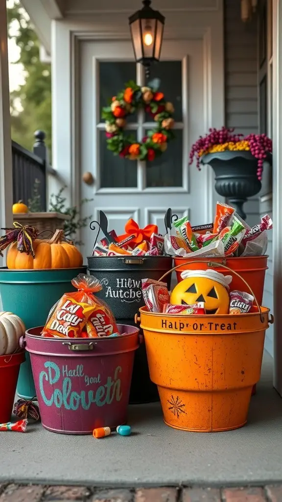 29+ Creative Halloween Porch Ideas to Spookify Your Home 19 Colorful vintage trick-or-treat buckets filled with candy on a Halloween porch.