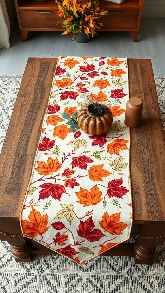 A coffee table decorated with an autumn-inspired table runner featuring colorful leaves, a small pumpkin, and a neutral vase.