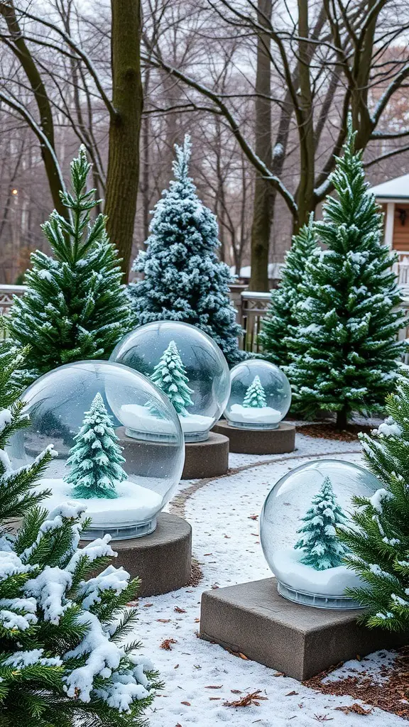 Snow globes with miniature trees surrounded by snow-covered evergreen trees