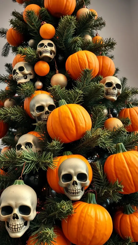 29+ Creative Halloween Christmas Tree Ideas to Spook Up Your Holiday Decor 9 A Christmas tree decorated with orange pumpkins and skull ornaments.