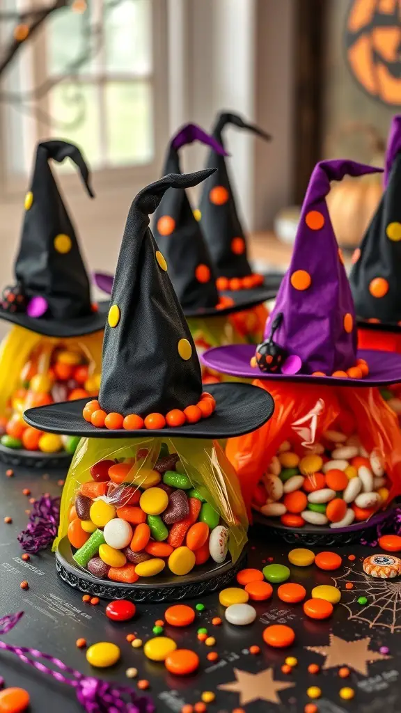 29+ Creative Halloween Craft Ideas to Spookify Your Home 8 Colorful witch hat treat bags filled with candies on a table.