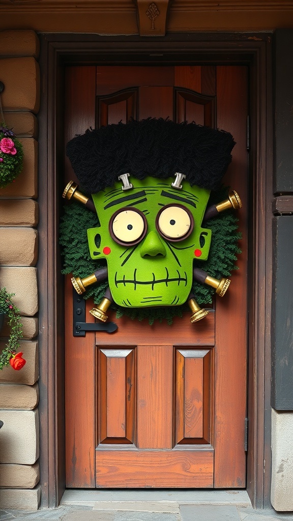 29+ Creative Halloween DIY Decorations to Scare Up Your Home 16 A colorful Frankenstein's Monster door wreath on a wooden door, featuring a green face, wild hair, and bolts.