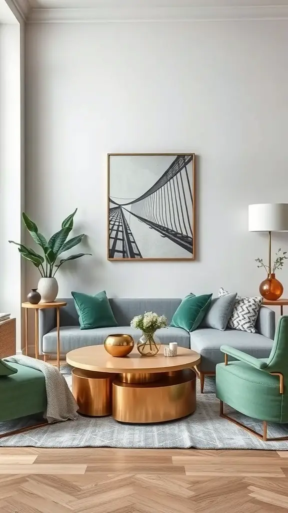 27+ Stunning Grey and Green Living Room Ideas 15 A stylish living room featuring grey and green furniture with metallic accents.