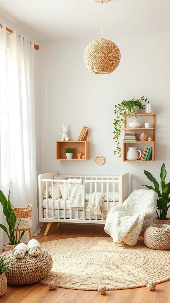 31+ Stunning Nursery Room Designs for Your Little One 16 A cozy nursery room with a crib, plants, and natural materials.