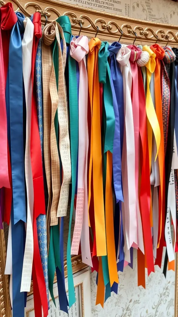 A colorful display of various ribbons hanging on a decorative rack.