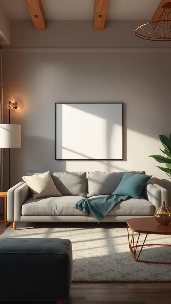 A stylish living room featuring a grey couch, warm lighting, and a cozy atmosphere.